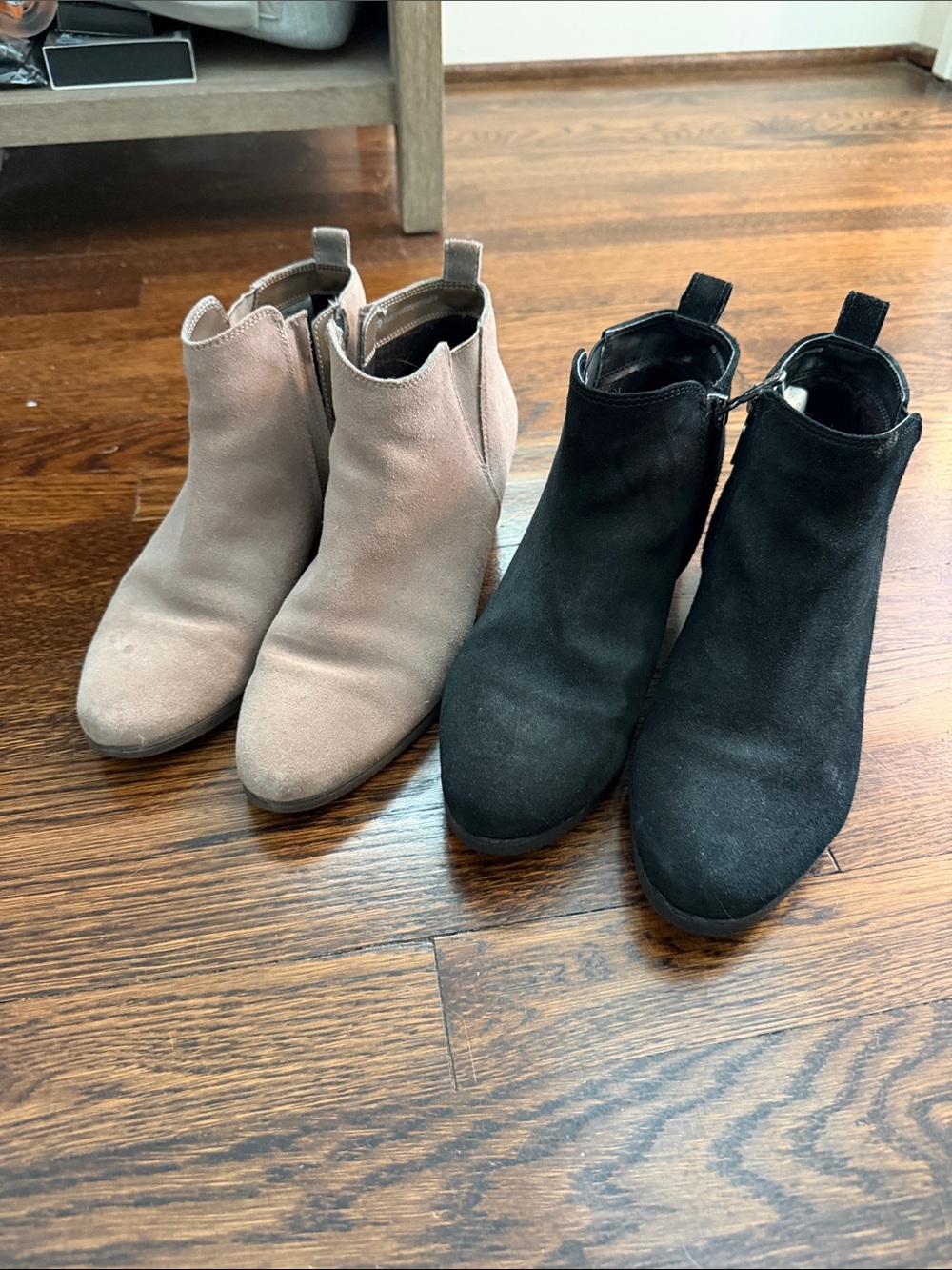 Blondo Suede Ankle Booties in Taupe and Black- Pair